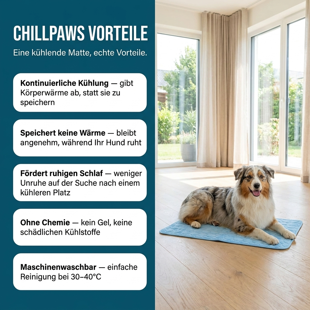 ChillPaws - Die Matte, die kühl bleibt — auch nach Stunden unter Ihrem Hund.